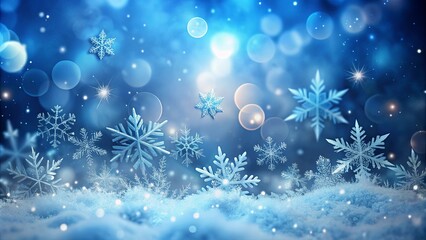 Fototapeta premium Winter Wonderland Scene Intricate Snowflakes Falling on a Snowy Landscape with Sparkling Lights and a Dreamy Blue Background.