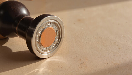 Obraz premium Close-up of a wooden handle stamp with a metallic base on light surface