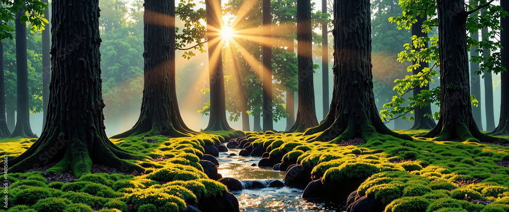 Poster a forest with a stream running through it. the sun is shining through the trees, creating a warm and