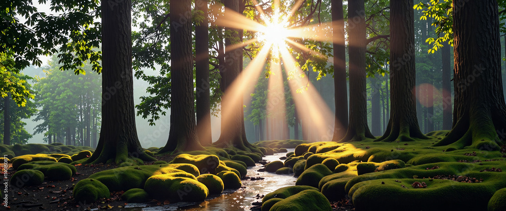 Poster a forest with a stream running through it. the sun is shining through the trees, creating a warm and