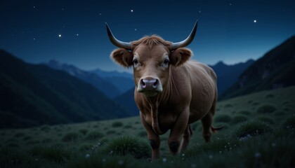 Naklejka premium Cows grazing peacefully under a starlit sky amidst the serene mountainside at night