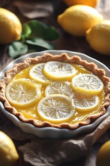 A delicious lemon pie topped with fresh lemon slices, set against a rustic backdrop.