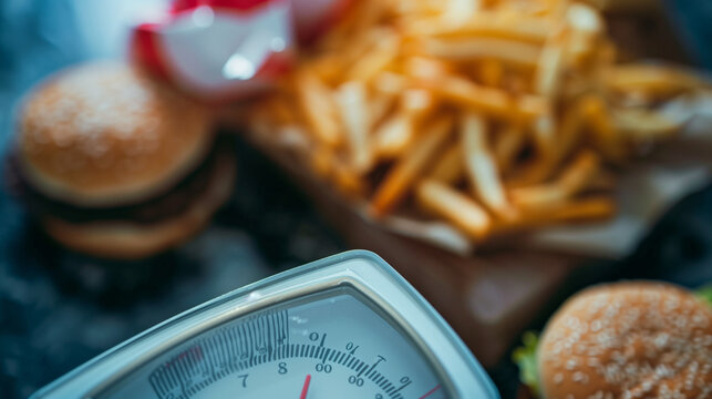 High Weight Scale Next to Unhealthy Food, Highlighting Obesity Rates Concerns