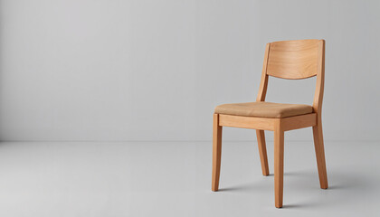 Minimalist wooden chair in empty room with gray background and copy space