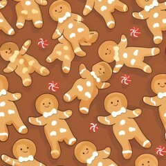 Seamless pattern of cute gingerbread men cookies and candy canes on brown background.