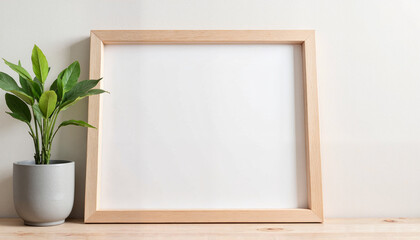 Wooden frame with blank canvas and potted plant on table for copy space
