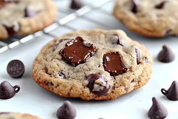 A delicious chocolate chip cookie with melted chocolate chunks and chips.