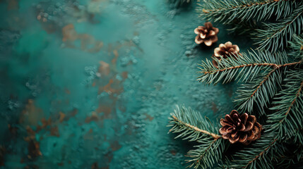 A serene arrangement of pine branches and cones on a textured teal background.
