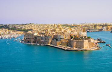  Panoramic View of Birgu  and the famous Fort St. Angelo from Valletta. scenic cityscape at Malta