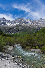 Shuangqiaogou stream and Siguniang Snow Mountain in Aba, Sichuan Province, China