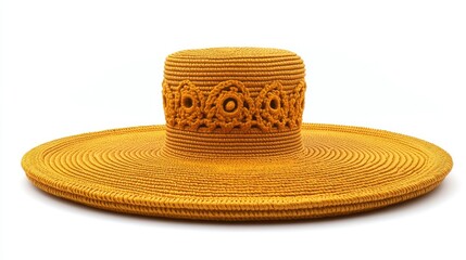 Golden yellow sun hat with intricate woven band.