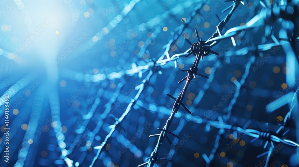Poster barbed wire reflecting light in a network of interconnected nodes, symbolizing the complexities and 