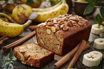 A delicious banana bread loaf with walnuts, surrounded by bananas and cinnamon sticks.