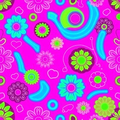 Groovy Retro Floral Pattern: A vibrant and psychedelic seamless pattern bursting with color and playful shapes. Perfect for adding a touch of 70s nostalgia to your designs. 