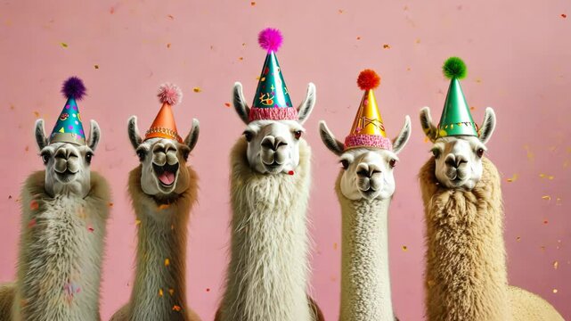 A group of llamas wearing party hats and standing in front of a pink background