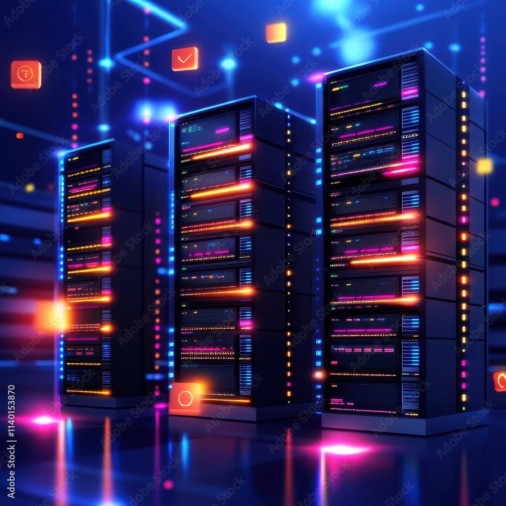 Poster futuristic data center with colorful lights and server racks in digital environment