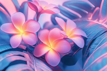 Vibrant flowers with glowing petals amidst lush foliage.