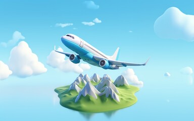 Airplane flying over ocean and a small island with mountains, blue sky.