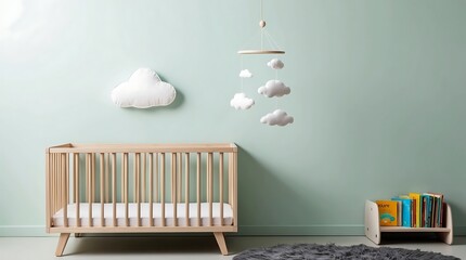 Serene Nursery Decor: Wooden Crib, Cloud Mobile, and Pastel Walls
