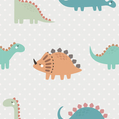 Cute dino pattern for kids, seamless vector background 