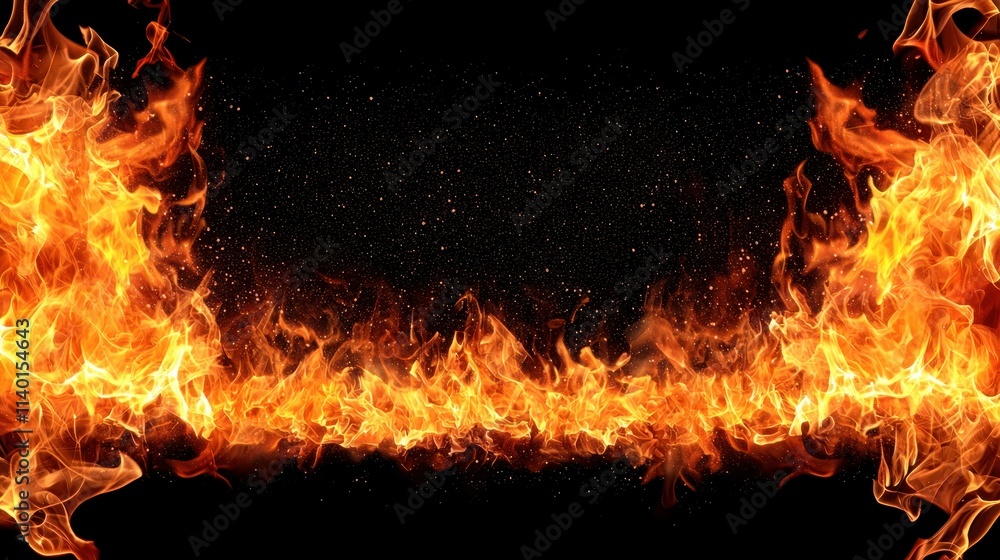 Poster dynamic flames border with sparkling texture on black background