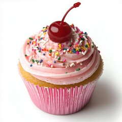 A pink frosted cupcake with sprinkles and a cherry on top on a white background 
