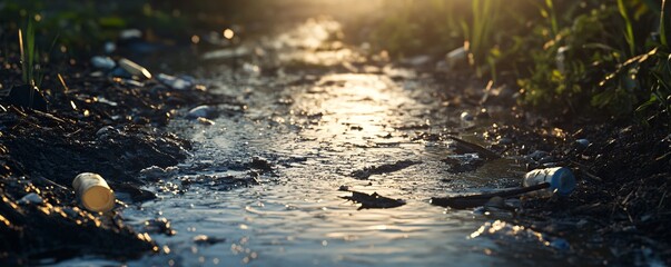 Obraz premium Plastic bottles and garbage polluting water stream at sunset