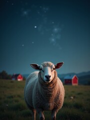 A sheep stands proudly in a lush green field at night, illuminated by stars above. Nearby, small red barns add charm to the peaceful rural landscape