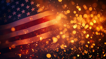 American flag and vibrant fireworks in night sky. National holiday, 4th July, USA Independence Day