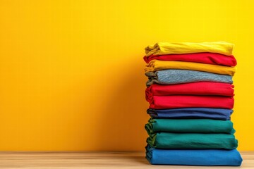 Stack of Folded Colorful T-shirts on Yellow Background