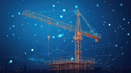 Industrial construction crane at night with digital network connections.