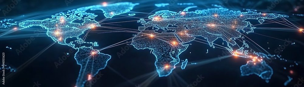Poster high tech digital world map with glowing connections between countries representing global business 