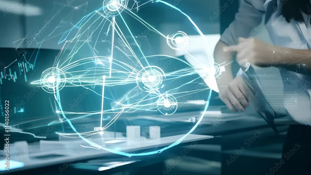 Poster exploring advanced technology at a modern workspace with digital interfaces and 3d visualizations