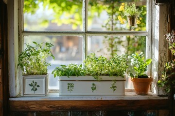Fototapeta premium Windowsill garden; herbs, containers, rustic wood.