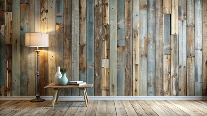Rustic wooden wall interior design with floor lamp and table