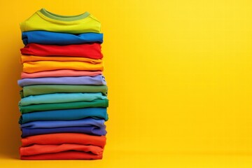 Stack of Colorful T-Shirts on Yellow Background