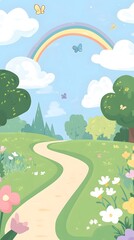 Obraz premium Spring, a rainbow in the sky, a green grassland with flowers and trees, a cartoon-style, simple vector illustration