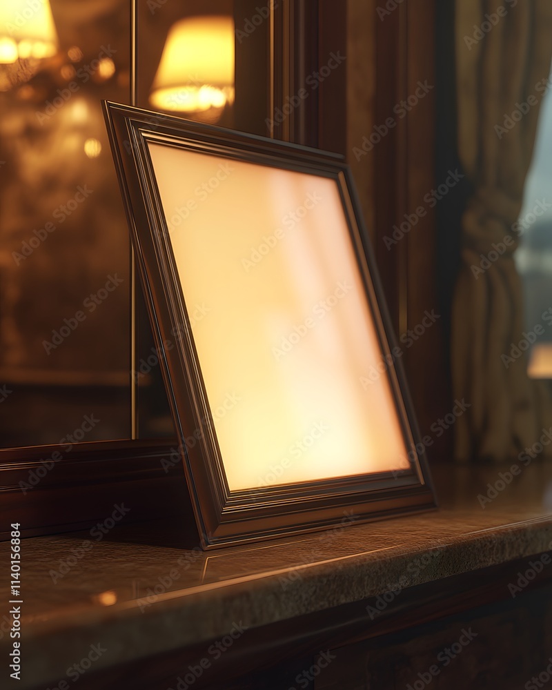 Aufkleber a decorative empty picture frame on a polished surface, reflecting soft ambient light.