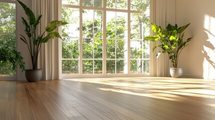 Bright and Spacious Interior with Plants and Large Windows Capturing Natural Light