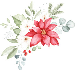 Watercolor Floral Bouquet with Poinsettia and Winter Leaves