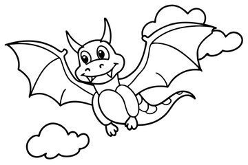 A black and white cartoon line art drawing of a dragon with wings fly in the sky