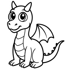 A black and white cartoon line art drawing of a dragon with wings