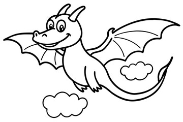 A black and white cartoon line art drawing of a dragon with wings fly in the sky