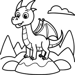 A black and white cartoon line art drawing of a dragon with wings standing in a mountain