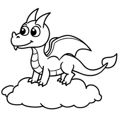 A black and white cartoon line art drawing of a dragon with wings standing in a cloud