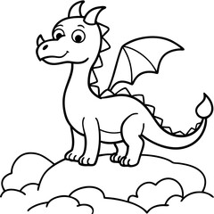 A black and white cartoon line art drawing of a dragon with wings standing in a mountain