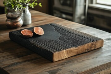 Dark wood cutting board, citrus halves.
