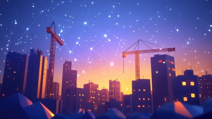 Low-poly city skyline at twilight with construction cranes and starry night sky. Network connections illustrated.