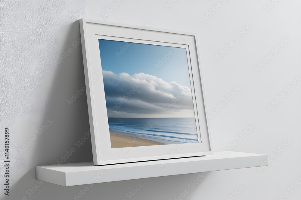 Aufkleber a framed photo of a serene beach scene with clouds and calm waves displayed on a shelf.