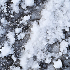 Top view of frozen salt water bodies, complex textures and patterns of organic ice. Transition between solid ice and crystalline salt formations. White, blue and grey. Frozen landscapes.